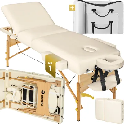 A cream-colored massage table is shown with its accessories and folded state.