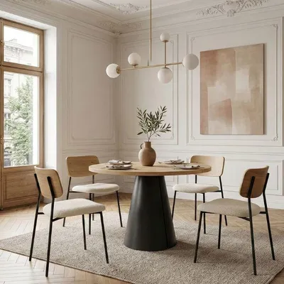 Produktbild von Runder Ausziehbarer Tisch für Esszimmer, CORTIC BIS, Loft-Stil, Skandinavische, Durchmesser: 100/176 cm, Farbe: Eiche Sonoma/Schwarz