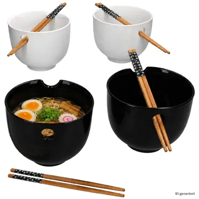 Produktbild von 4er Set Soft Ramenschalen 500ml Schwarz & Weiß mit Essstäbchen Bowl