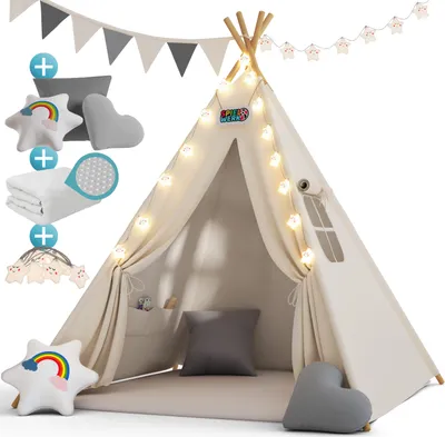 Produktbild von Spielwerk® Tipi Zelt für Kinder Indoor 130x130cm Set mit Bodenmatte Weiß Grau Kinderzelt Lichterkette Girlande Kissen Spielzelt Baumwolle Holz Tasche