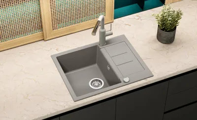 Produktbild von Helika® Granitspüle TESSA 62 x 50 cm in Elfenbein, inkl. Drehgriffventil und Siphon, Einbau, Reversibel