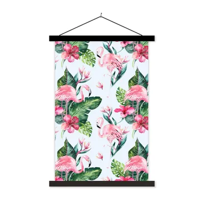 Produktbild von MuchoWow® Textilposter Muster - Blätter - Flamingo 60x90 cm mit schwarzem Rahmen - Poster Wohnzimmer