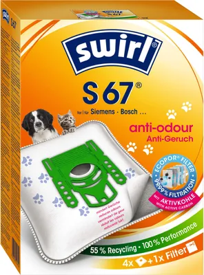 A product package for Swirl S 67 vacuum cleaner bags, featuring images of a dog and a cat, and highlighting anti-odor and filtration features.
