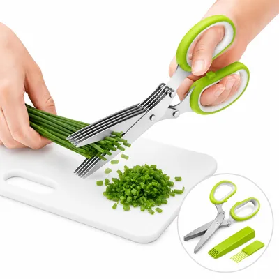 Produktbild von Kräuterschere 5-Klingen, Küchen-Gemüseschere mit Reinigungskamm & Sicherheitsabdeckung, Kräutermesser Für Schnittlauch, Petersilie & Kräuter