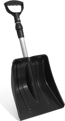 A black and silver snow shovel against a white background.