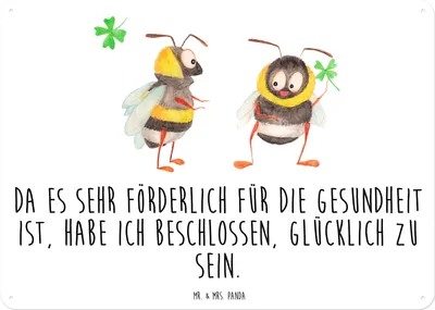 Produktbild von Mr. & Mrs. Panda Wandbild Hummeln Kleeblatt DIN A3 - Weiß - Geschenk, Blechschild, wandtafel, Lustige Sprüche, glücklich Werden, Hummel, Biene Deko, tafel, Spruch Positiv