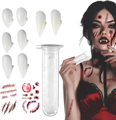 Produktbild von Vampirzähne – Set mit 4 Stück – Halloween-Vampirzähne – 1 Tube Klebepellets und 2 Halloween-Tattoovorhahn – Cosplay – Party