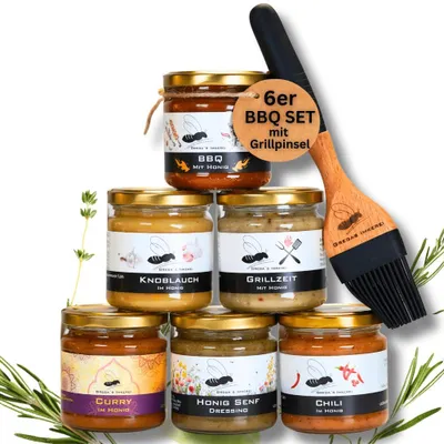 Produktbild von BBQ Honig-süßes Grillset 6-teilig | Im Würziges Grillsaucen Geschenkset mit Grillpinsel | Zum Marinieren & Verfeinern | von Grega´s Imkerei