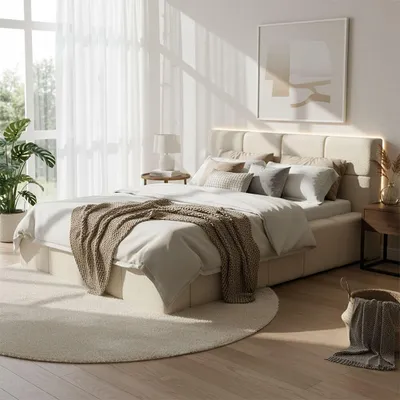Produktbild von HOME DELUXE LED Bett aus Teddy-Stoff inkl. Stauraum – Beige, 140 x 200 cm inkl. Matratze | Polsterbett mit Beleuchtung & Matratze für modernen Schlafkomfort