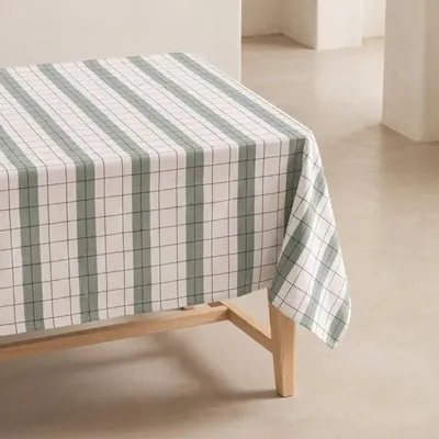 Image de GAMUSI STOKKEN – Nappe en coton jacquard, motif à carreaux tissé vert "eau de mer", résistant aux taches. Nappe élégante pour table à manger, dimensions 150 x 100 cm