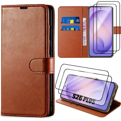 Image de Coque + 2 Verres Trempés pour Samsung Galaxy S26 Plus, Protection Antichoc Anti-Rayures Cuir Synthétique - Marron