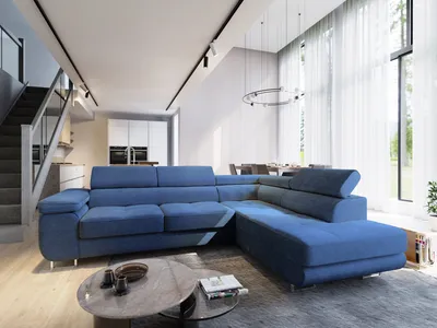 Zdjęcie produktu dla Masseno Narożnik APIRO R-S z funkcją spania i pojemnikiem na pościel Kształt L, Rozkładana sofa, Rogówka - Niebieski, POSO 05