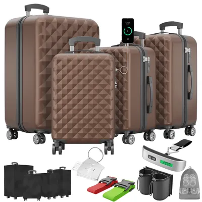 A collection of luggage and travel accessories, including suitcases, luggage covers, luggage scales, and straps.