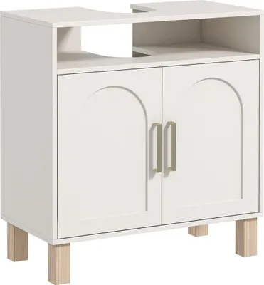 Image de HOMCOM Meuble salle de bain sous lavabo, meuble sous lavabo, étagère ouverte placard 2 portes magnétiques avec étagère réglable, 60 x 30 x 63 cm, blanc
