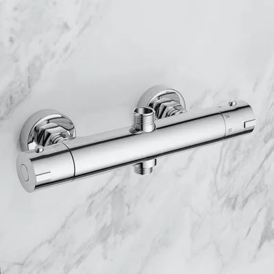 Productafbeelding van Unyqoos® Thermostatische douchearmatuur, verchroomd, rond, met dubbele uitloop – Thermostatische mengkraan, instelbaar van 20–50°C (veiligheidsknop op 38°C), 150 mm, messing, koel aanvoelend, tot 40% waterbesparend