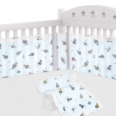 Produktbild von Babynestje für Kinderbett, 2-teilig, weich und atmungsaktiv, mit 10 Befestigungsriemen, Raketendesign