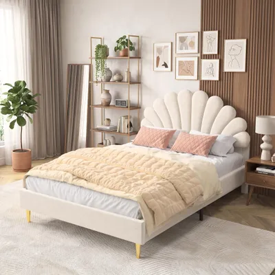 Image de INONEFT, lit capitonné 140 x 200 cm, lit pour enfant avec sommier à lattes, tête de lit en forme de coquillage, lit double, lit en velours, lit pour adolescents, velours, beige