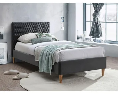 Image de Lit simple avec tete de lit matelassé et cadre en velours - Gris - Pieds en bois beige - L 200 cm x l 90 cm
