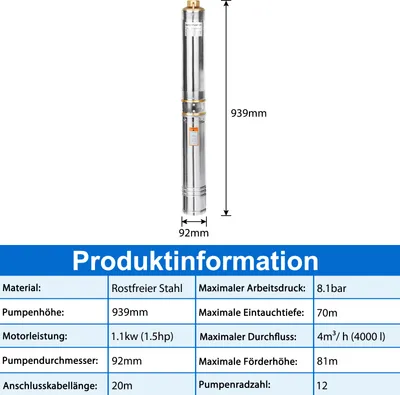 Image de UISEBRT Pompe de puits profond Pompe tubulaire Pompe à commutation automatique résistante au sable 4 pouces 1.1kW/1.5hp Jusqu'à 4.000l/h de débit