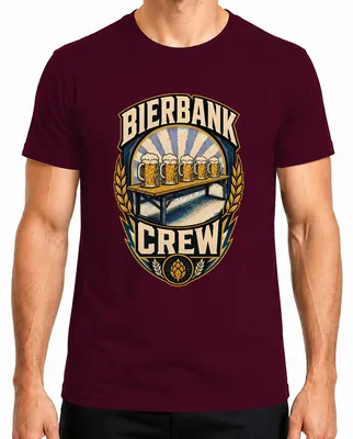 Imagen del producto de Camiseta para hombre, estilo tradicional alemán (Tracht), marca Bierbank Crew, para la , diseño "Stammtisch", color burdeos, talla XL. También incluye pantalones de cuero (Lederhose)