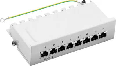 A white network patch panel with 8 RJ45 ports, labeled 1 through 8. A grounding wire with green and yellow stripes is attached to the top.