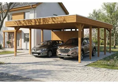 Produktbild von Doppelcarport SKAN HOLZ Friesland inkl. Abstellraum, Pfostenanker 546 x 708 cm nussbaum