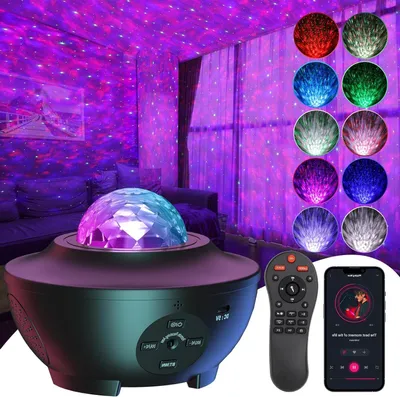 Immagine prodotto di Proiettore di stelle - Lampada da notte - Crea atmosfera - Con altoparlante Bluetooth - 10 colori - Nero