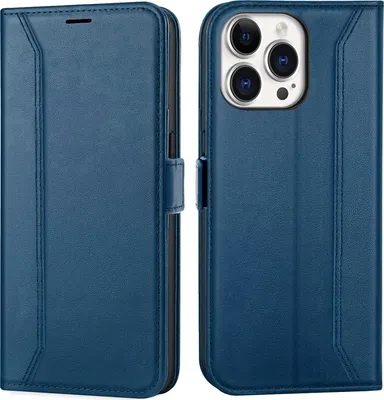A blue flip case for an iPhone 13 Pro is shown from the front and back.