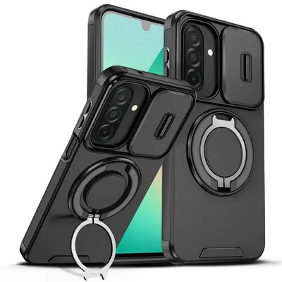 Obrázek produktu pro Dvouvrstvé pouzdro pro Samsung Galaxy A57, posuvným krytem fotoaparátu a magnetickým kroužkovým stojánkem Černý