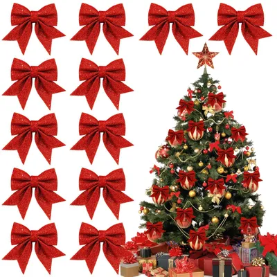 12 rote Glitzer-Weihnachtsschleifen, 12 x 15 cm, für Baum und Deko