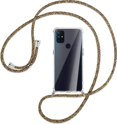 Produktbild von Handykette Backcover-Schutzhülle mit Band (Metall silberfarben) für OnePlus Nord N100 - braun+beige