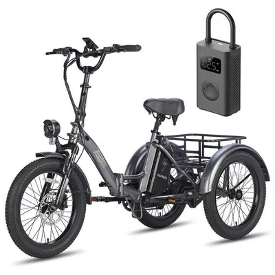 A studio shot of a black electric tricycle with a basket and an air pump.
