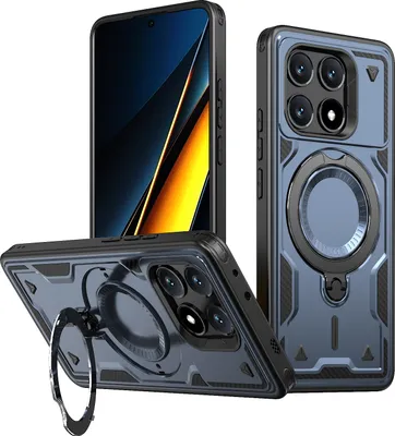 Produktbild von Dual Layer Hülle für Xiaomi Poco X6 Pro/Redmi K70E Metall Ring Ständer Magnetisch Stoßfest Militär Handyhülle Blau