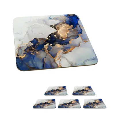 Obrázek produktu pro KitchenYeah® Skleněné podtácky Square Set of 6 Marble - Blue - Gold 10x10 cm Podtácky na sklenice - Podtácky na nápoje - Chrániče stolů - Podtácky na šálky Stolní barové sklo