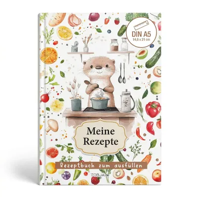 Produktbild von Rezeptbuch zum selberschreiben Otterliebe DIN A5 – 87 Lieblingsrezepte – mit Saisonkalender, Register, Buchklappen & Leseband – Ausfüllbuch für eigene Familienrezepte