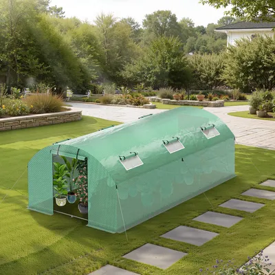Image de Serre en plastique Vigevee 300 x 600 x 200 cm, résistante à l'hiver, avec armature en acier renforcée, 6 fenêtres et 2 portes, film PE 140 g/m² résistant aux UV, serre pour tomates avec piquets d'ancrage et cordes de haubanage