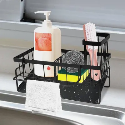 Produktbild von Spülbecken Organizer Küchen, Spülorganizer Edelstahl, Organizer Küche mit Spüllappenhalter, Spüle Organizer mit Automatischer Entwässerung, Spülmittel Halterung für Bürsten Schwamm Seife