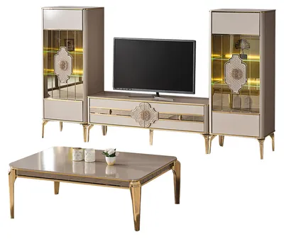 Produktbild von Garnitur Wohnzimmer TV Ständer Vitrinen Couchttisch 4tlg Schrank Beige