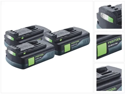 Zdjęcie produktu dla Zestaw akumulatorów Festool 3x BP 18 Li 3,0 C akumulator 18 V 3,0 Ah / 3000 mAh Li-Ion ( 3x 577658 ) ze wskaźnikiem poziomu naładowania