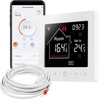 A smart thermostat device and its accompanying smartphone app are displayed next to a coiled white cable.