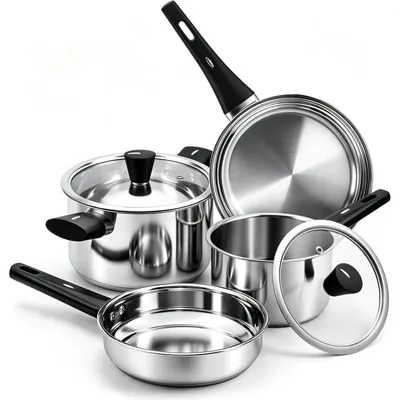 Immagine prodotto di Set da cucina in acciaio inossidabile, composto da 6 pezzi (pentole e padelle), adatto per tutti i tipi di fornelli, inclusi quelli a induzione, e lavabile in lavastoviglie