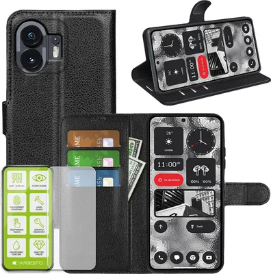 Obrázek produktu pro Pouzdro na mobil Nothing Phone 2 – černé pouzdro z umělé kůže + tvrzené sklo H9