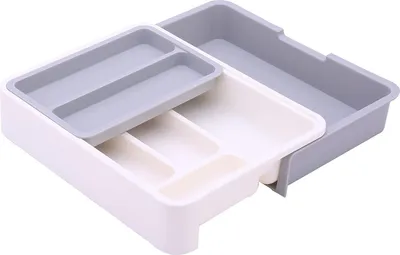 Obrázek produktu pro Rozšiřitelný plastový organizér do zásuvky na příbory, úložný prostor 3 v 1, šedý