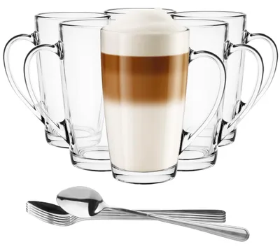 Image de Ensemble de 6 verres pour latte macchiato, capacité de 400 ml, avec anse et cuillère