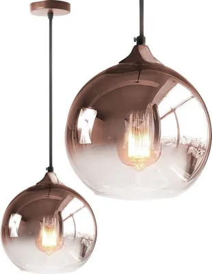 Two glass pendant lights with metallic finishes are shown against a white background.