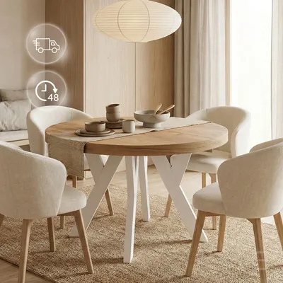 Produktbild von Runder Ausziehbarer Tisch für Esszimmer, PERO, Loft-Stil, Skandinavische, Durchmesser: 100 / 200 cm, Farbe: Eiche Craft Golden / Weiß