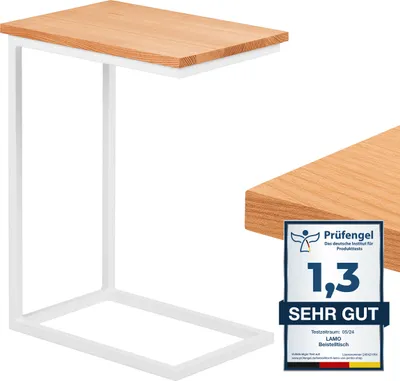 Produktbild von LAMO Manufaktur Beistelltisch | Laptoptisch | Sofatisch | mobiler Kaffeetisch | Nachttisch | 45x30x60 cm | Gestell Weiß | 100% Echtholz Massiv Platte farbe: Natur