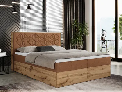 Produktbild von Boxspringbett 140x200 mit Bettkasten, Polsterbett 140x200 mit Matratze H3, Boxspringbett 140x200 mit Kopfteil, Boxspringbett mit Massivholz - Nessi - Orange Struktur - H3