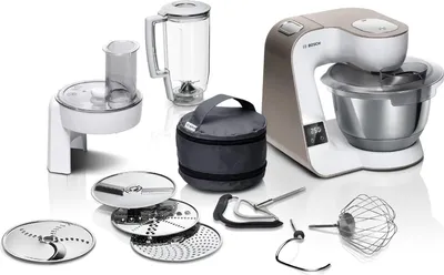 A collection of kitchen appliance parts and accessories laid out on a white background.