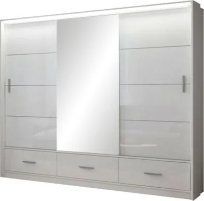 Produktbild von Schwebetürenschrank MARSEILLE 250 cm mit Spiegel & Schublade – Kleiderschrank Hochglanz modern Schlafzimmer (Weiss)